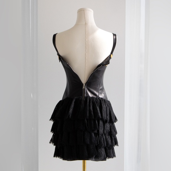 Chanel Vintage S/S 1987 Black Lambskin Leather Lace Gold Wheat Mini Dress - Picture 14 of 16